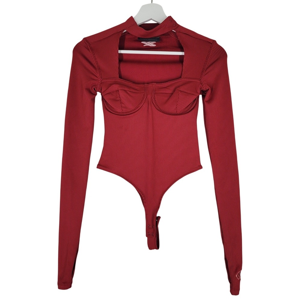 Reebok Cardi B Bodysuit Womens XS Red Ribbed Cutout Long Sleeve Underwire HG5007